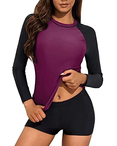 Two Piece Raglan Sleeve Ladies Rash Guard Swimsuit-Purple Halter Top Bikini