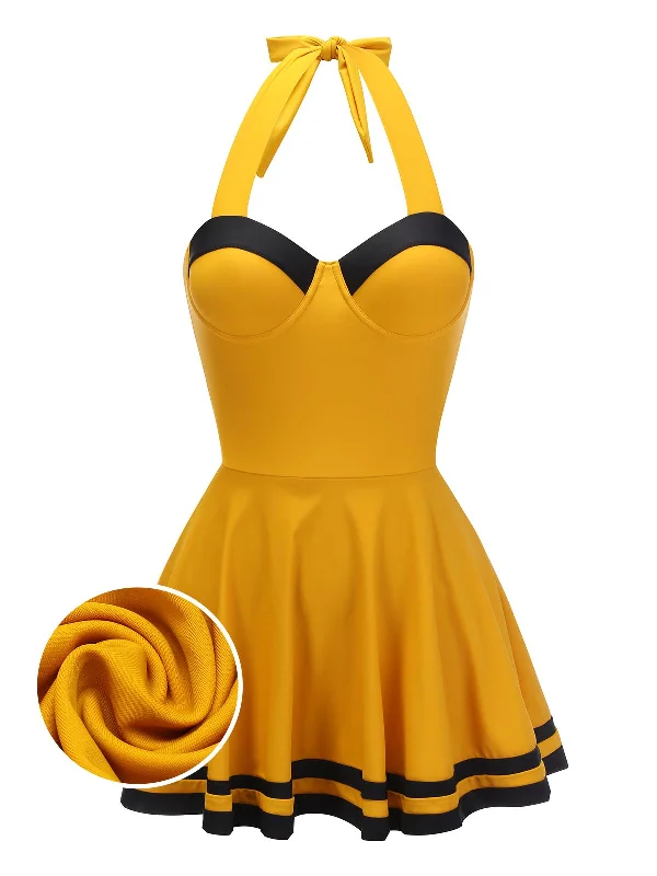 Yellow 1940s Contrast Halter Patchwork Swimsuit Modern High-Waisted Swimsuit