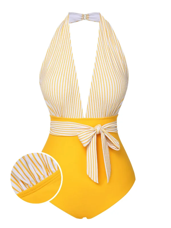 Yellow 1950s Halter Striped Patchwork Swimsuit Deep-V Swimsuit Design