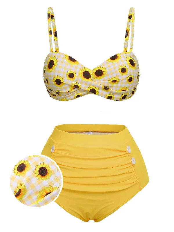 Yellow 1950s Spaghetti Strap Sunflower Plaids Swimsuit Vibrant Bikini Design