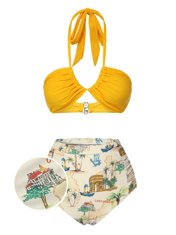 Yellow 1970s Retro Architectural Pattern Halter Swimsuit Elegant Swim Dress