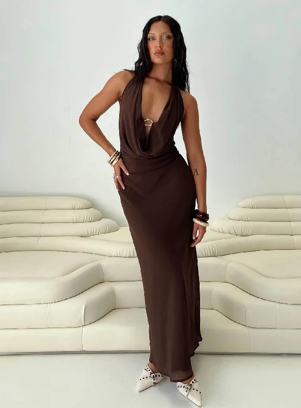 Alejandria Cowl Neck Maxi Dress Chocolate Fashionable Chiffon Tiered Maxi Dress
