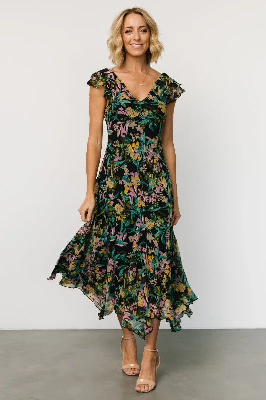 Alisa Maxi Dress | Black Floral Elegant Maxi Dress with Belt