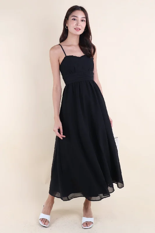 ANNELISE RUCHED MAXI DRESS IN BLACK Cozy Cold-Shoulder Maxi Dress