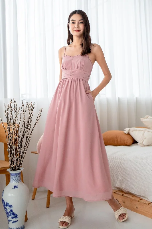ANNELISE RUCHED MAXI DRESS IN DUSTY PINK Elegant Maxi Dress with Slit