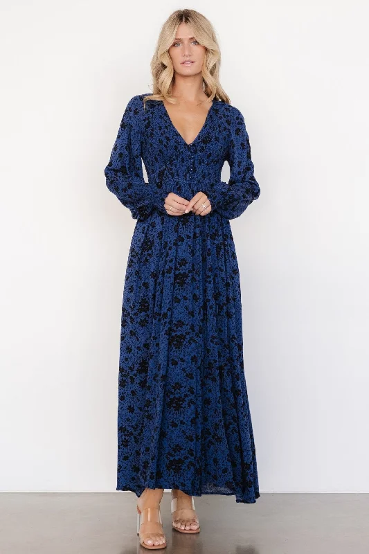 Anya Maxi Dress | Vintage Navy Floral Elegant Lace-Up Maxi Dress