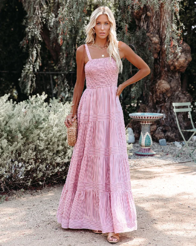 At Sea Cotton Blend Smocked Maxi Dress - Pink Stylish Pleated A-Line Maxi Dress