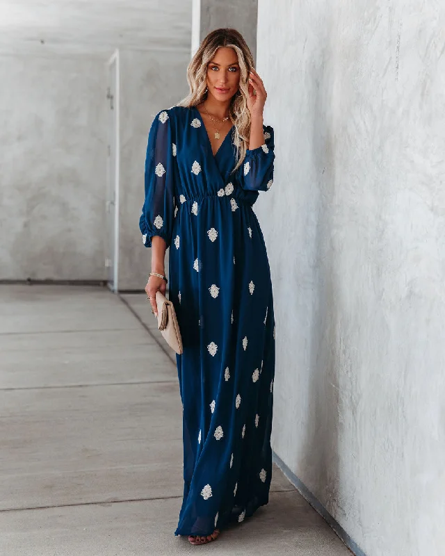 Be Spontaneous Embroidered Maxi Dress - Navy Comfortable Maxi Dress with Sleeves