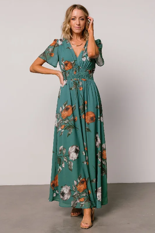 Birdie Maxi Dress | Eucalyptus Floral Trendy Short Sleeve Maxi Dress