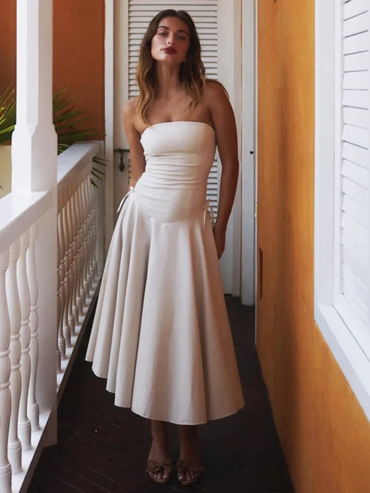 Bow Strapless Folds Long Dress Women Solid Color Splice Sleeveless Maxi Dress Comfortable Plunging Neckline Maxi Dress Bow Strapless Folds Long Dress Women Solid Color Splice Sleeveless Maxi Dress Comfortable Plunging Neckline Maxi Dress