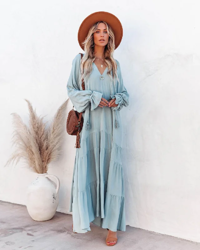 Bowdan Tiered Boho Maxi Dress - Soft Blue Cozy Spaghetti Strap Maxi Dress