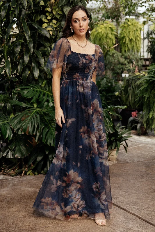 Cassandra Tulle Maxi Dress | Dark Blue Floral Trendy V-Neck Maxi Dress