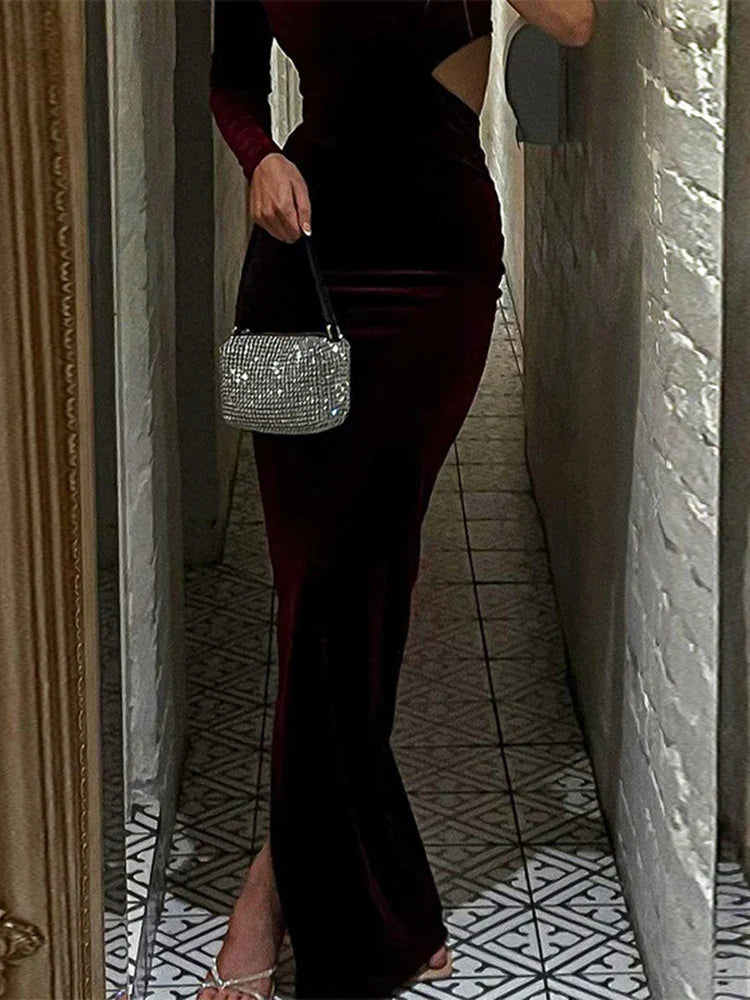 Long Sleeve One Shoulder Velvet Cut Out Side Slit Party Elegant Evening 2024 Maxi Dress Women Stylish V-Neck Maxi Dress Long Sleeve One Shoulder Velvet Cut Out Side Slit Party Elegant Evening 2024 Maxi Dress Women Stylish V-Neck Maxi Dress