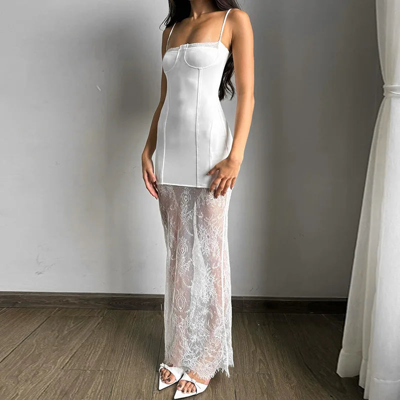 White Lace Patchwork Summer Sexy Sleeveless Slim Charming Stylish Maxi Dress Trendy V-Neck Maxi Dress White Lace Patchwork Summer Sexy Sleeveless Slim Charming Stylish Maxi Dress Trendy V-Neck Maxi Dress