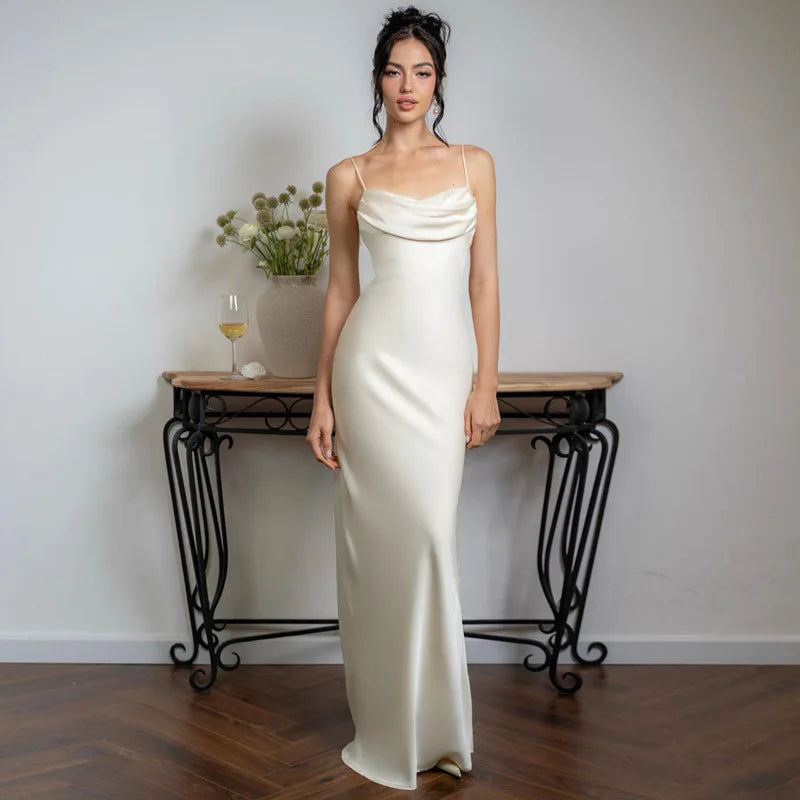 White Satin Sexy Spaghetti Straps Backless Fashionable V-neck Stylish Maxi Dress Elegant Maxi Dress with Ruffles White Satin Sexy Spaghetti Straps Backless Fashionable V-neck Stylish Maxi Dress Elegant Maxi Dress with Ruffles