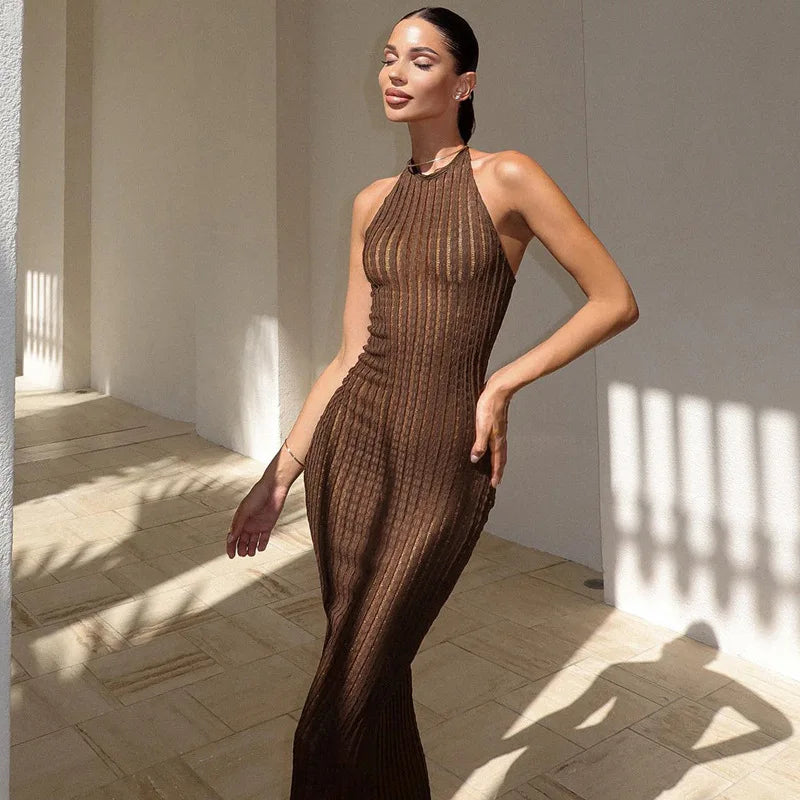 Knitted Hollow Out Sheer Backless Slim Beach Halter Neck Stylish Maxi Dress Fashionable Button-Down Maxi Dress Knitted Hollow Out Sheer Backless Slim Beach Halter Neck Stylish Maxi Dress Fashionable Button-Down Maxi Dress