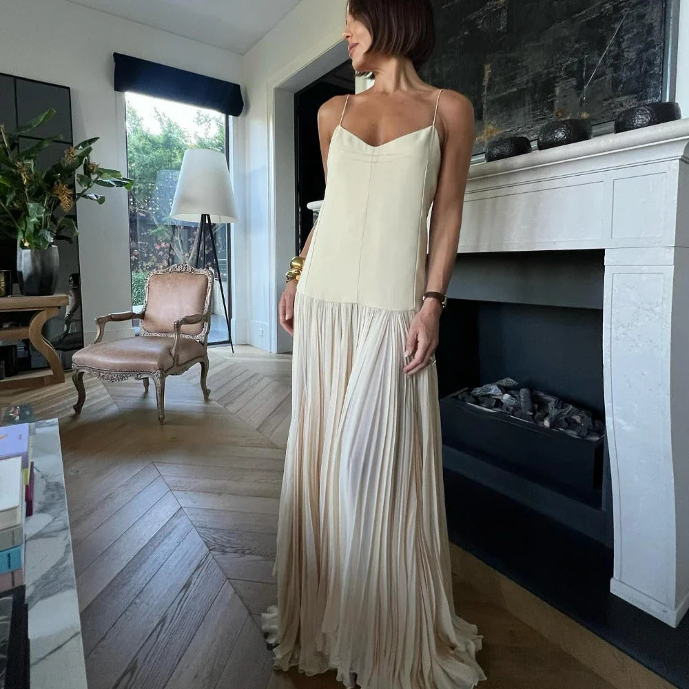 Beige Mesh Patchwork Spaghetti Strap Loose Stylish Maxi Dress Elegant Maxi Dress with Pockets Beige Mesh Patchwork Spaghetti Strap Loose Stylish Maxi Dress Elegant Maxi Dress with Pockets