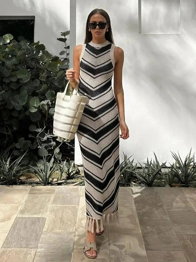 Summer Knitted Tassel Striped Bohemian Stylish Maxi Dress Comfortable Long-Sleeve Maxi Dress Summer Knitted Tassel Striped Bohemian Stylish Maxi Dress Comfortable Long-Sleeve Maxi Dress