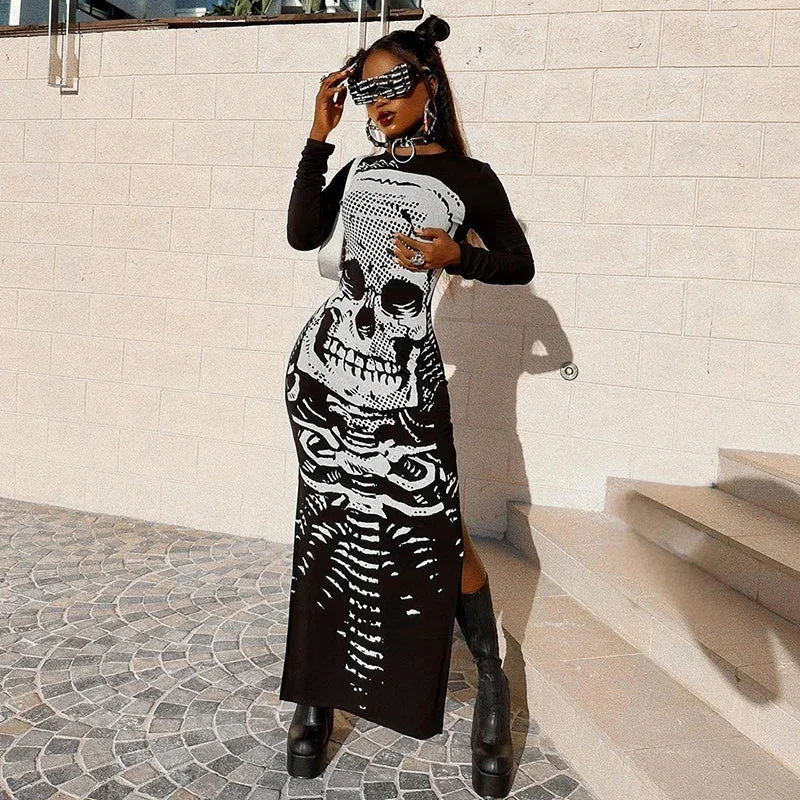 Gothic Skull Bones Skeleton Print O Neck Long Sleeve Split Casual Autumn Streetwear Maxi Dress Cozy Maxi Dress with Slit Gothic Skull Bones Skeleton Print O Neck Long Sleeve Split Casual Autumn Streetwear Maxi Dress Cozy Maxi Dress with Slit
