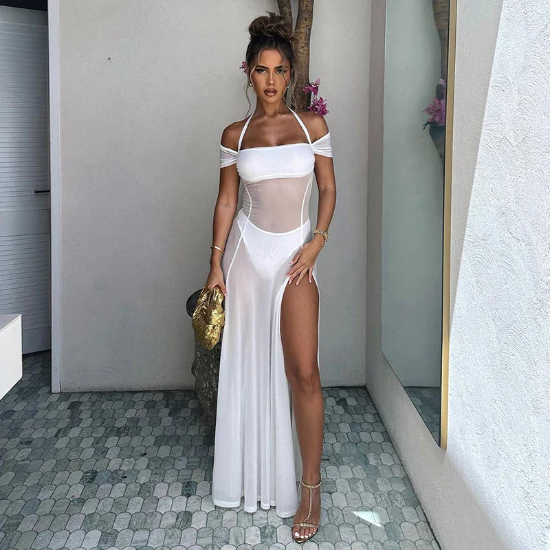 Summer New Style Halter Neck Mesh See Through High Slit Party Beach Club Clothing Long Women's Maxi Dress Trendy Short Sleeve Maxi Dress Summer New Style Halter Neck Mesh See Through High Slit Party Beach Club Clothing Long Women's Maxi Dress Trendy Short Sleeve Maxi Dress