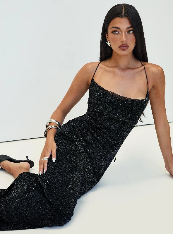 Cutting Edge Maxi Dress Black Glitter Elegant Lace-Up Maxi Dress