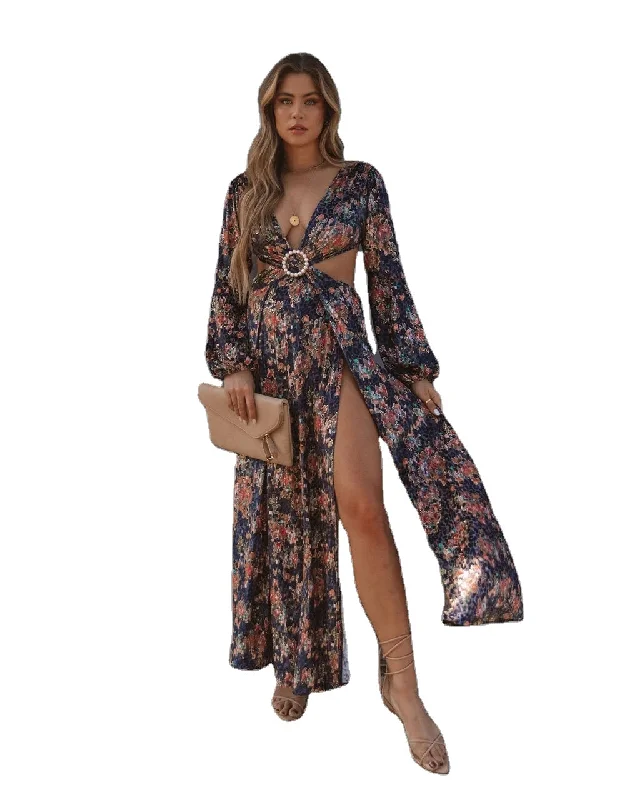 D0410TA56 Vacation Style Sexy V-neck Floral Print Slit Maxi Dress Women Sehe Fashion Comfortable Pleated Maxi Dress D0410TA56 Vacation Style Sexy V-neck Floral Print Slit Maxi Dress Women Sehe Fashion Comfortable Pleated Maxi Dress