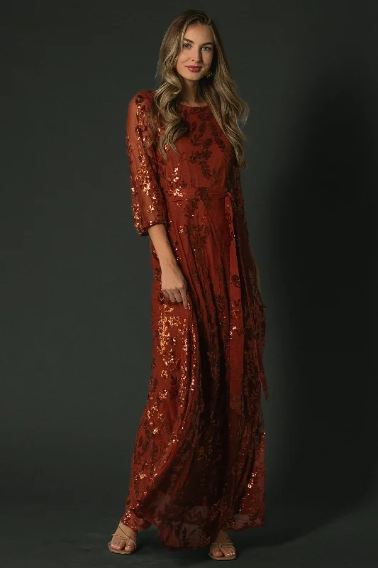 Destiny Sequin Maxi Dress | Cinnamon Cozy Maxi Dress with Slit
