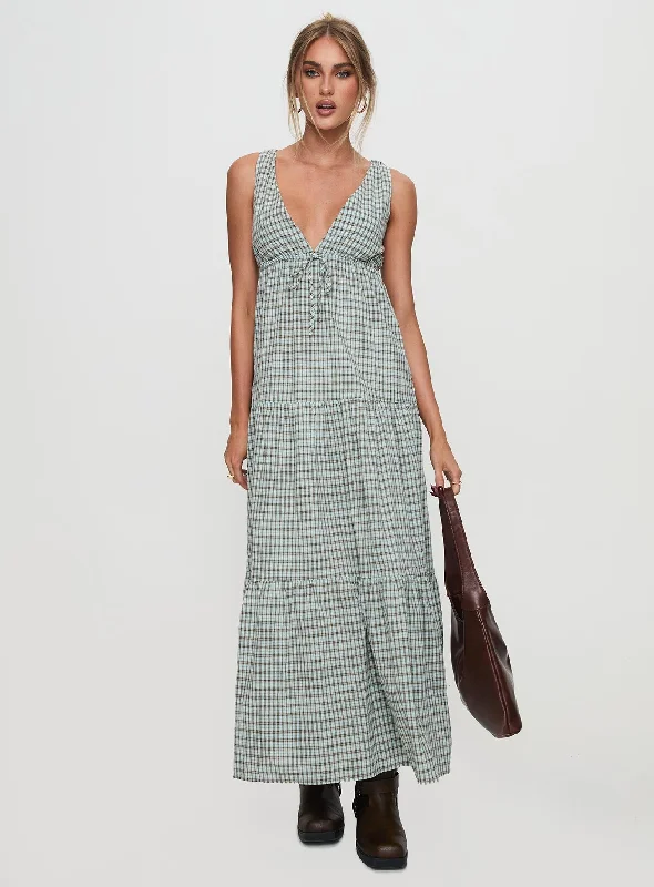 Dipsie Maxi Dress Blue / Brown Check Stylish Button-Up Maxi Dress