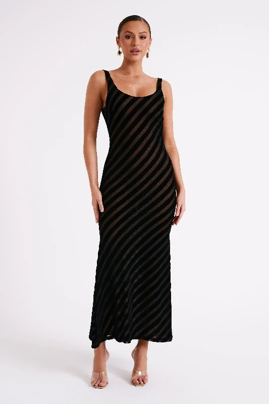 Elena Striped Velvet Burnout Maxi Dress - Black Cozy Open-Back Maxi Dress