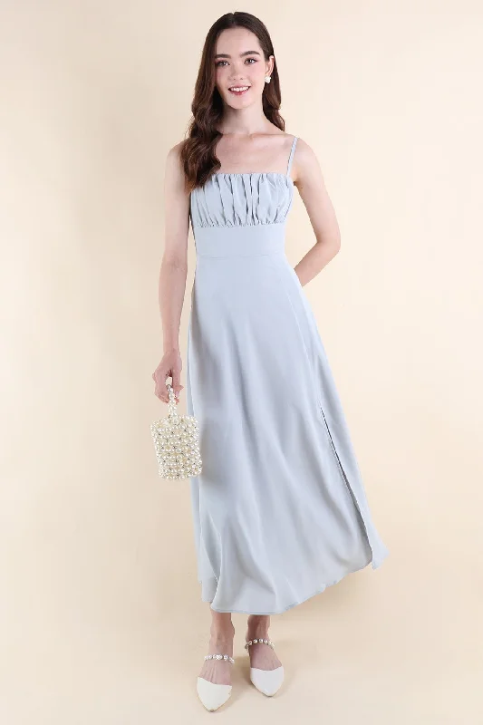 EVELIA RUCHED MAXI DRESS IN BLUE Trendy Maxi Dress with Lace