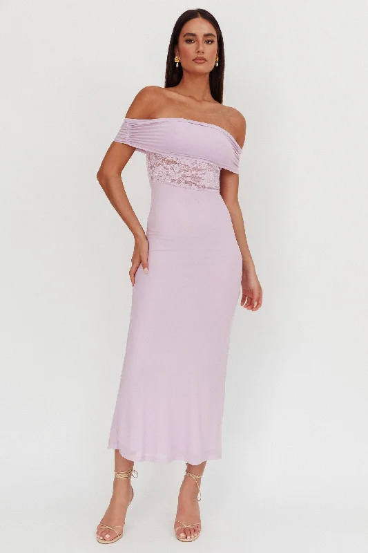 Flutters Off-Shoulder Lace Insert Maxi Dress Lilac Elegant Lace Maxi Dress