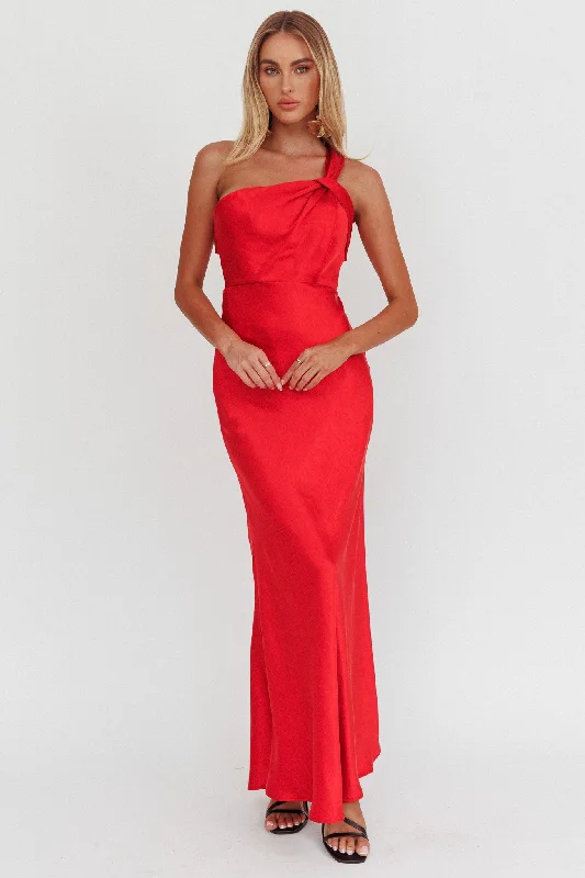 Fly Love Satin One Shoulder Maxi Dress Red Cozy Ruffle Sleeve Maxi Dress