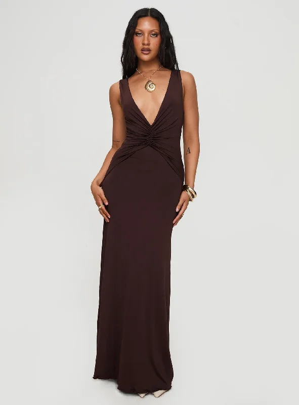 Frederica Plunge Maxi Dress Chocolate Stylish Boho Chic Maxi Dress
