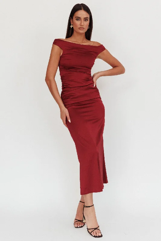In Blooms Off Shoulder Satin Maxi Dress Wine Elegant Maxi Dress with Drapes