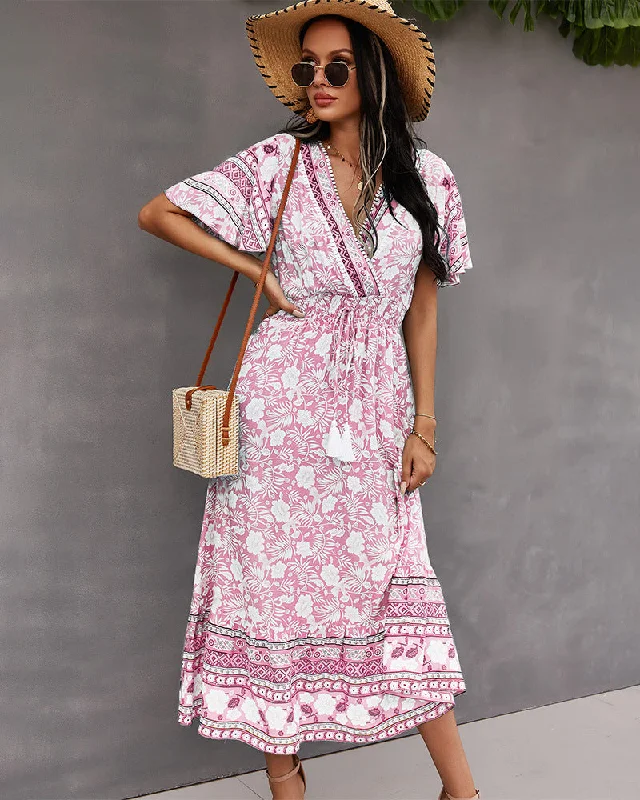 It's Your Destiny Smocked Tassel Tie Maxi Dress Comfortable Pleated Maxi Dress