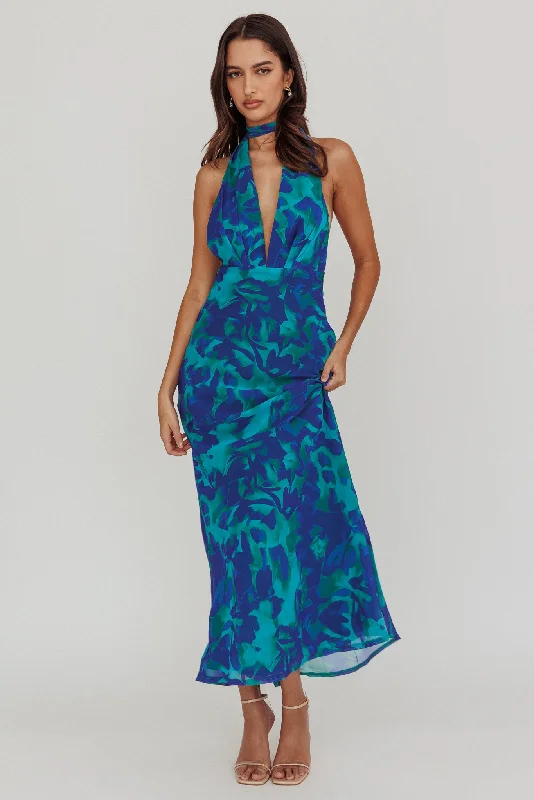Italia Azure Halterneck Maxi Dress Abstract Blue Stylish Boho Maxi Dress
