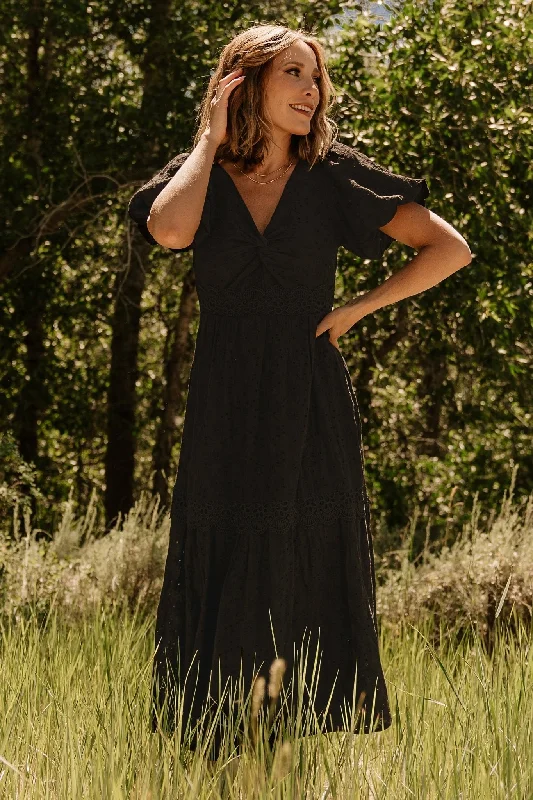Jackie Eyelet Maxi Dress | Black Comfortable T-Shirt Maxi Dress