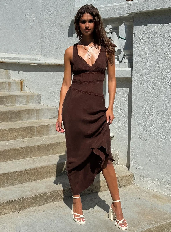 Karlotta Lace Bias Maxi Dress Brown Comfortable Maxi Dress with Slits