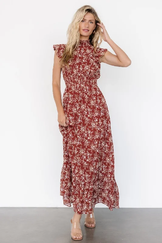 Kearny Ruffle Maxi Dress | Rust Print Fashionable High-Low Maxi Dress