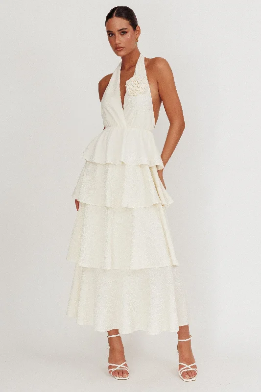 Kimberley Halter Neck Ruffle Maxi Dress Beige Trendy Maxi Dress with Bow