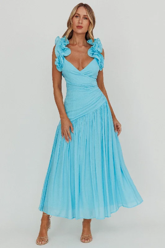 Kinley Ruffle Strap Maxi Dress Blue Fashionable Faux Wrap Maxi Dress