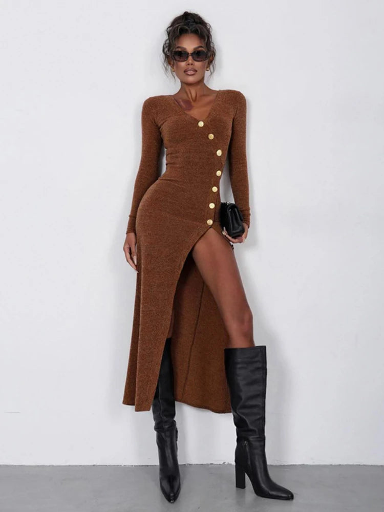 Knitted Maxi Dress Women Sexy Slit Long Sleeve Buttons Party Retro Maxi Dress Fashionable Halter Neck Maxi Dress Knitted Maxi Dress Women Sexy Slit Long Sleeve Buttons Party Retro Maxi Dress Fashionable Halter Neck Maxi Dress
