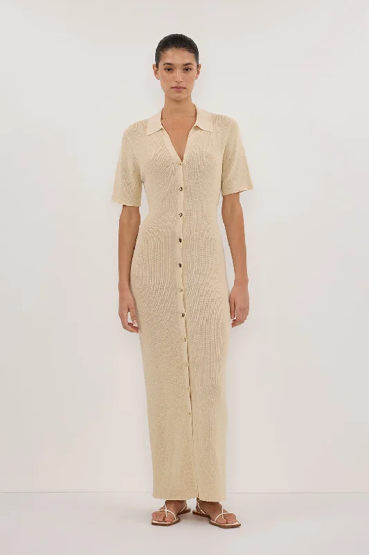 LIAM NATURAL KNIT POLO MAXI DRESS Stylish Off-Shoulder Maxi Dress