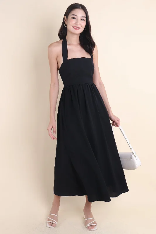 LOHAN TIE-BACK MAXI DRESS IN BLACK Elegant Maxi Dress with Belt