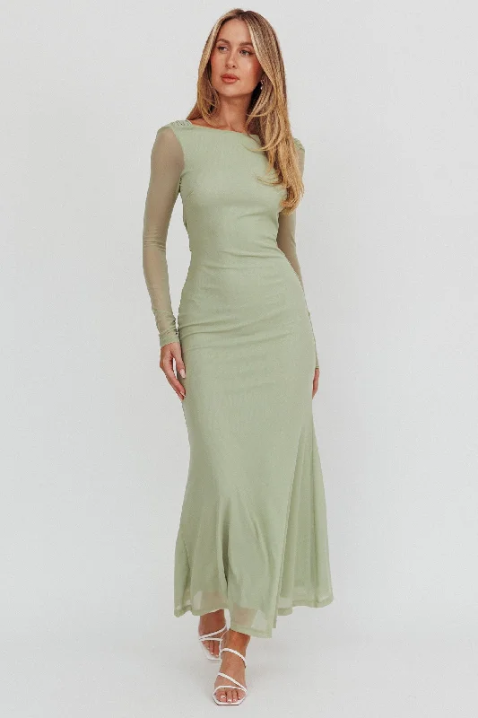 Lustre Open Back Mesh Maxi Dress Sage Chic Boho Print Maxi Dress
