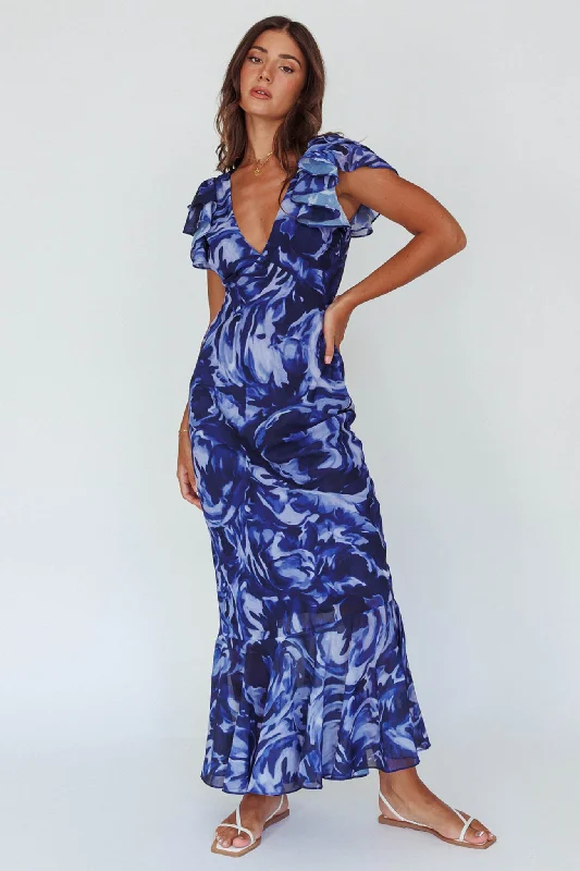 Lydiah Ruffle Sleeve Maxi Dress Floral Blue Fashionable Button-Down Maxi Dress