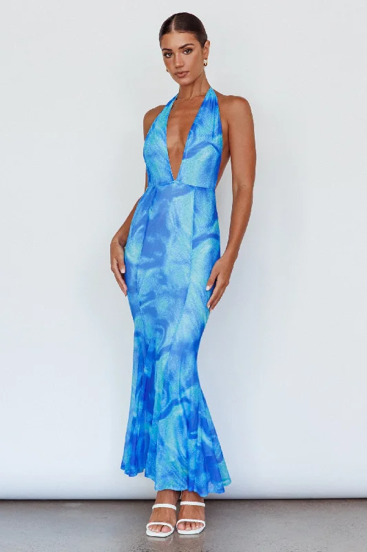 Mayah Halterneck Maxi Dress Printed Blue Elegant Maxi Dress with Belt