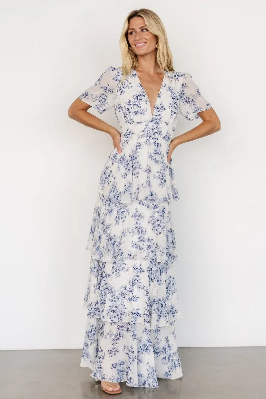 Montaigne Ruffle Maxi Dress | Off White + Blue Trendy Floral Print Maxi Dress