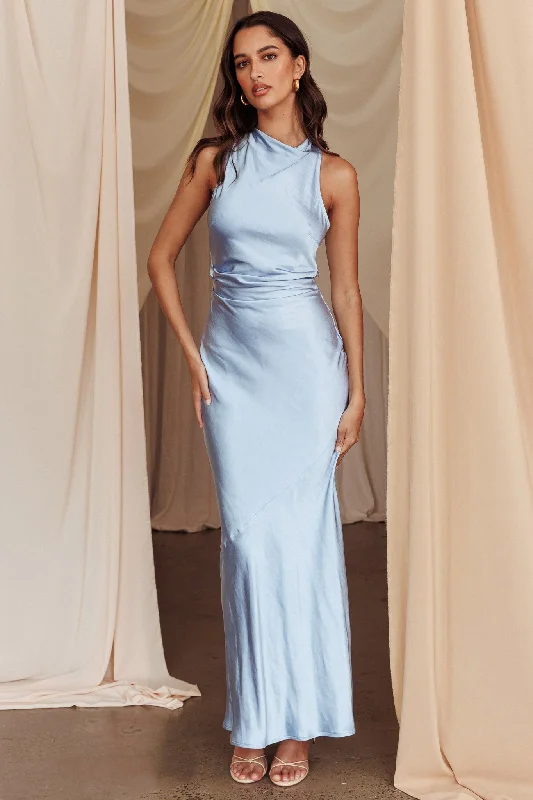 Moonlight Mirage Criss-Cross Back Maxi Dress Blue Comfortable Satin Maxi Dress