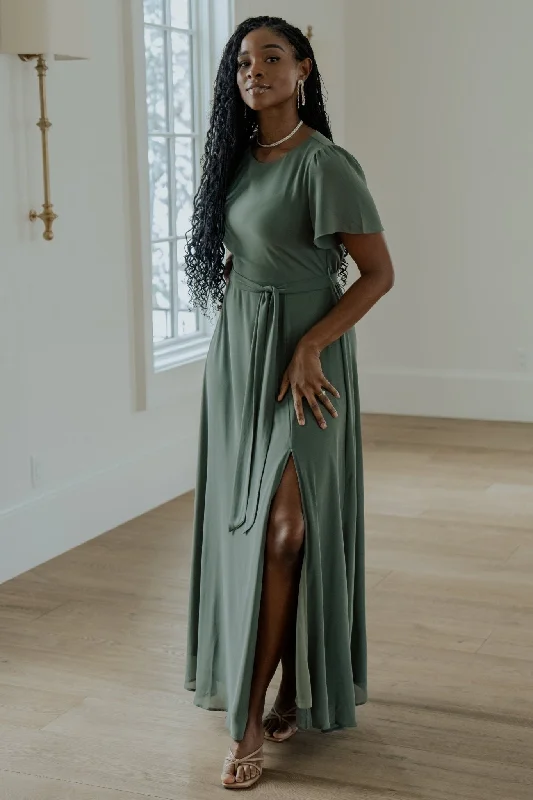 Naomi Short Sleeve Maxi Dress | Dark Sage Elegant Maxi Dress with Slit
